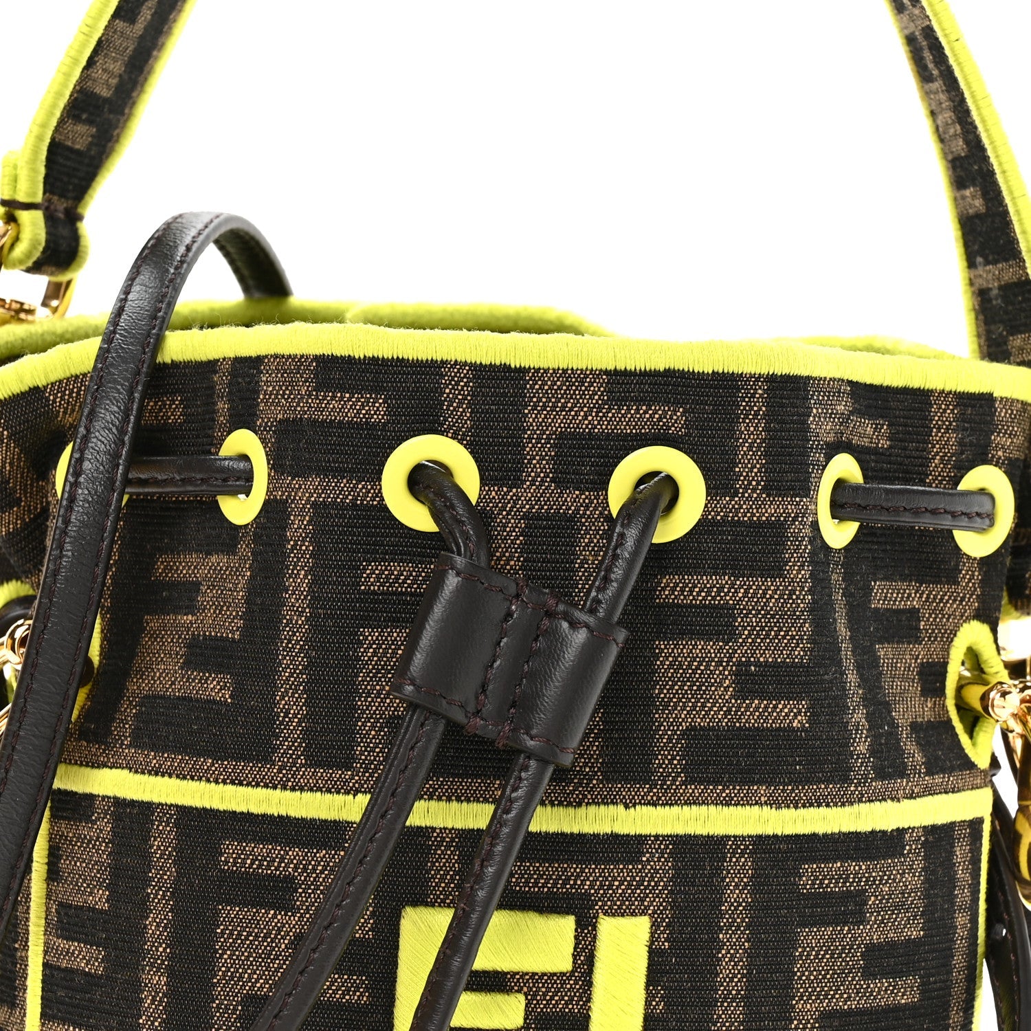 Fabric Jacquard Shiny Nappa FF 1974 Logo Threaded Edge Mini Mon Tresor Bucket Bag Tobacco Moro Giallo Fluo