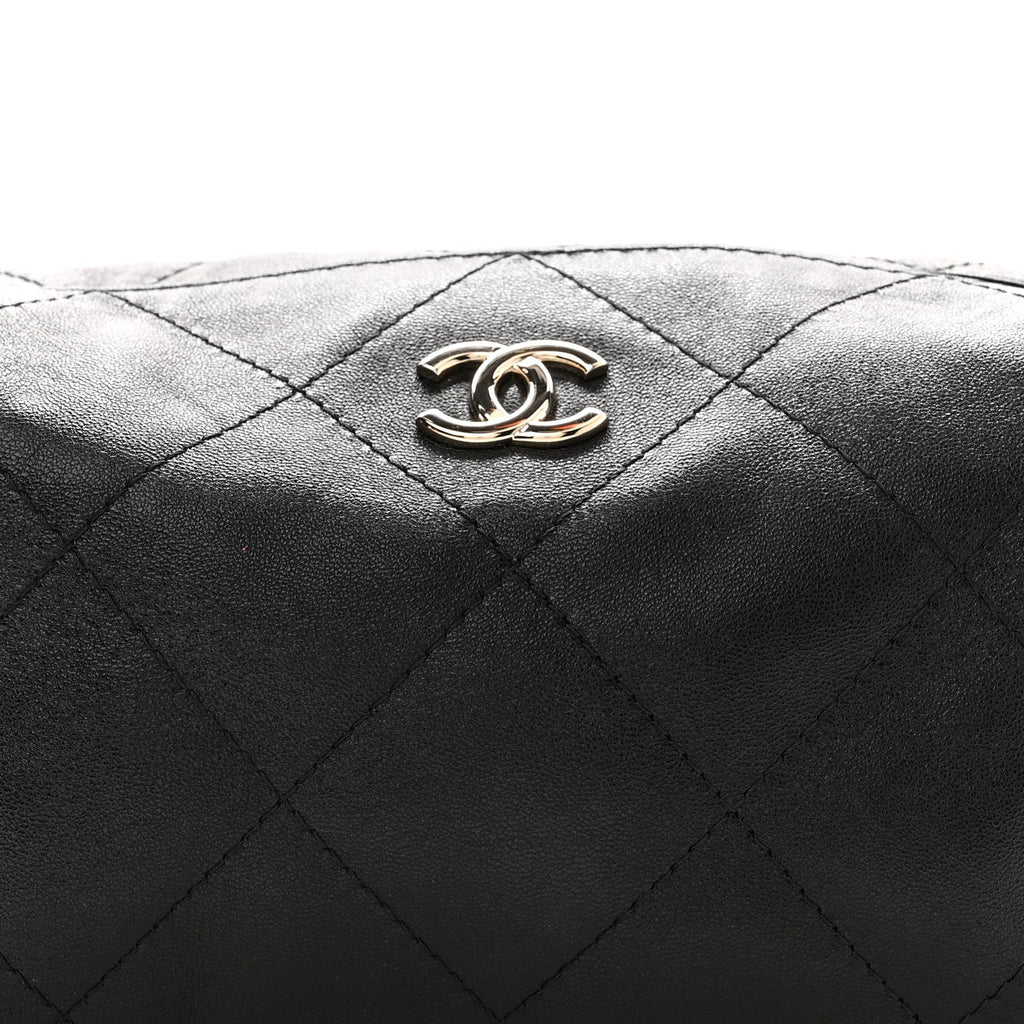 Shiny Lambskin Quilted Large Hobo Bag Black