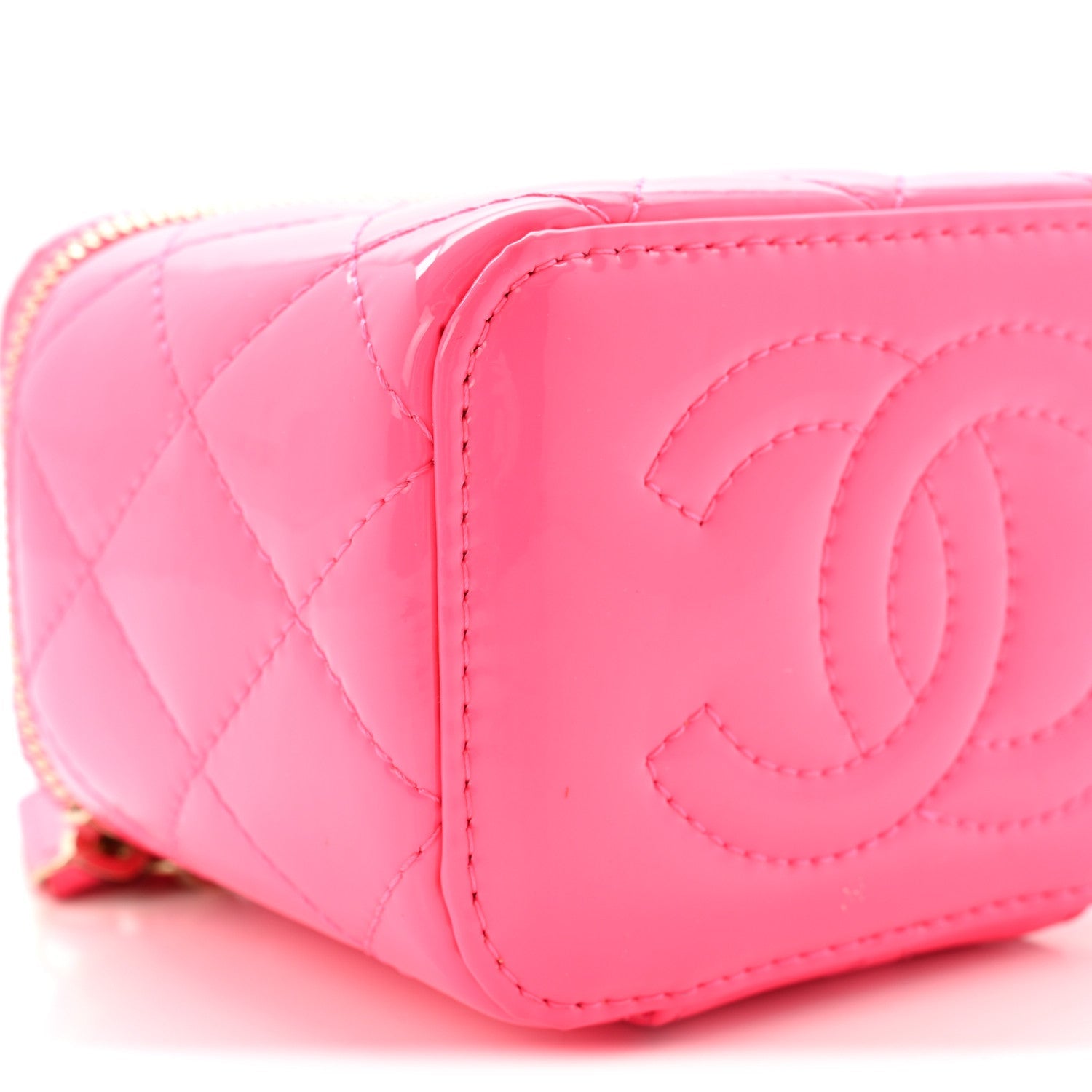 Patent Quilted Pearl Crush Mini Vanity Case With Chain Neon Pink