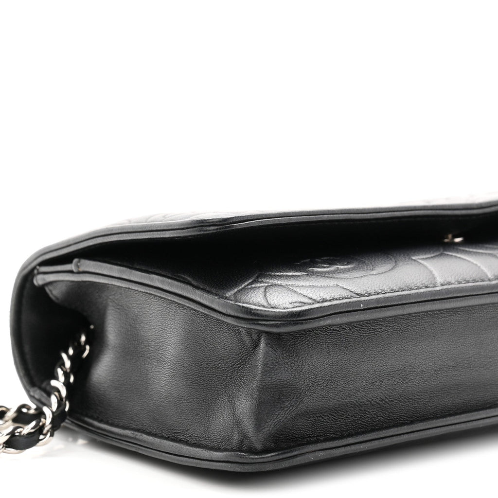 Lambskin Camellia Embossed Wallet On Chain WOC Black