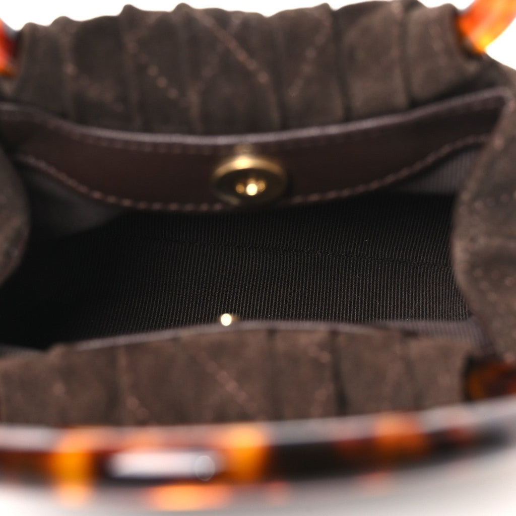 Suede Calfskin Plexiglass Tortoise Shell Quilted Mini Pouch Brown