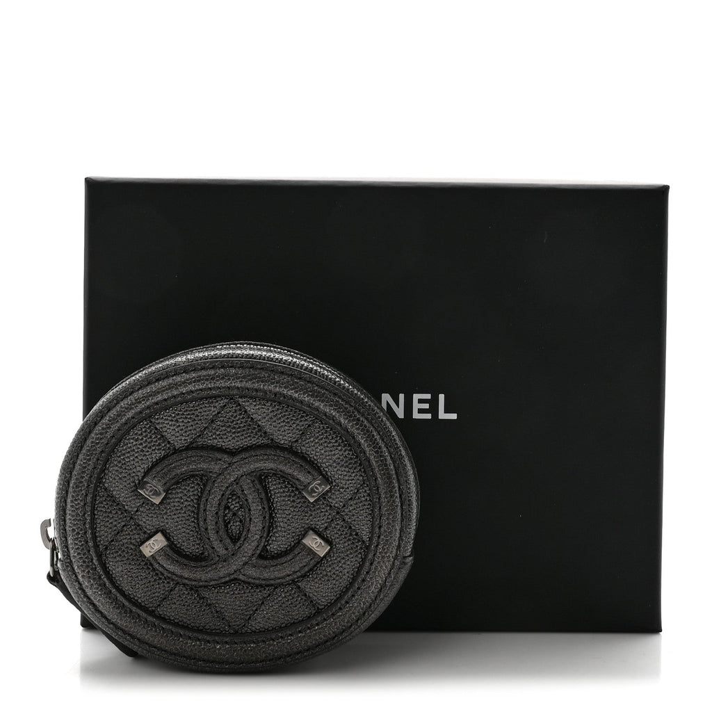 Metallic Caviar Quilted Filigree Zip Around Classic Coin Purse Dark Silver