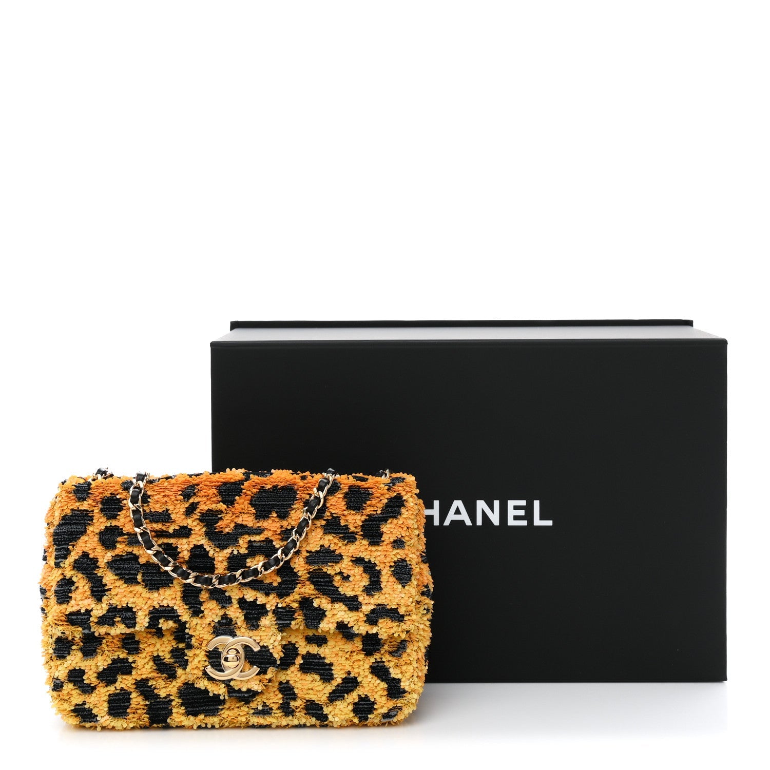 Sequin Mixed Fibers Leopard Print Mini Rectangular Flap Black Orange
