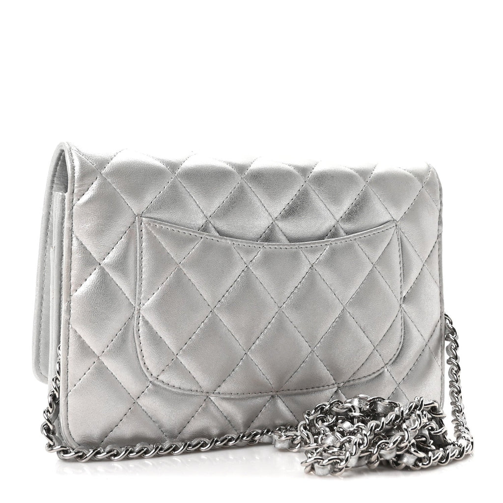Metallic Lambskin Quilted Wallet On Chain WOC Silver