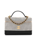 Suede Calfskin Shiny Lambskin Quilted Top Handle Slim Vanity Case With Chain Grey Black