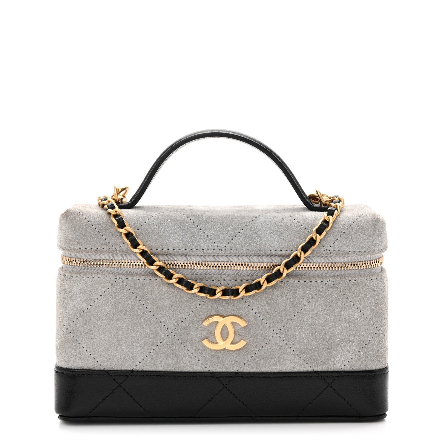 Suede Calfskin Shiny Lambskin Quilted Top Handle Slim Vanity Case With Chain Grey Black