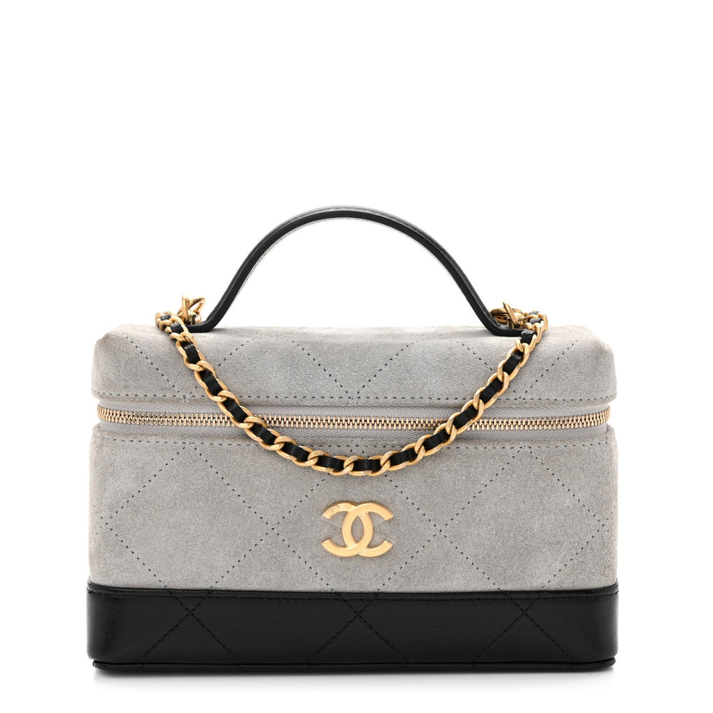 Suede Calfskin Shiny Lambskin Quilted Top Handle Slim Vanity Case With Chain Grey Black Grey Black