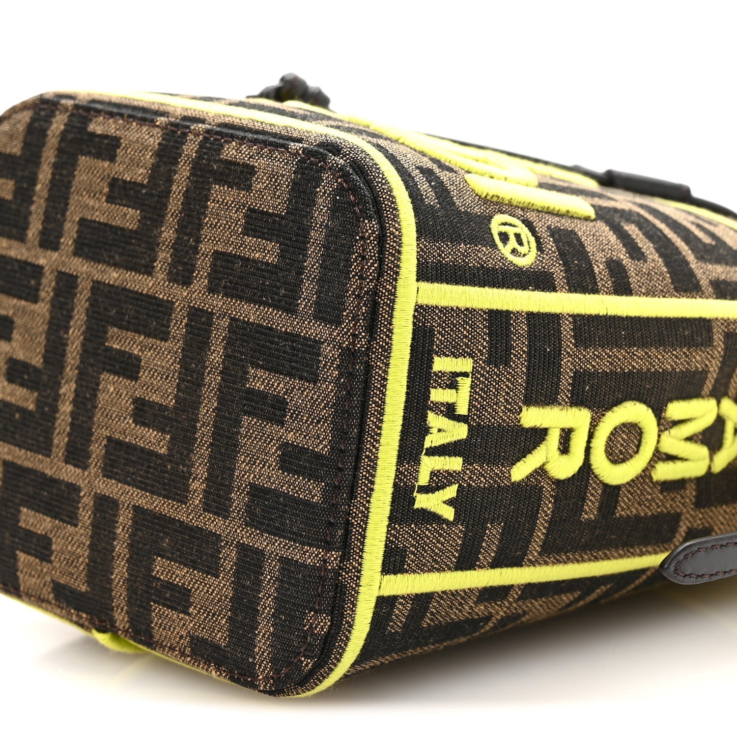 Fabric Jacquard Shiny Nappa FF 1974 Logo Threaded Edge Mini Mon Tresor Bucket Bag Tobacco Moro Giallo Fluo