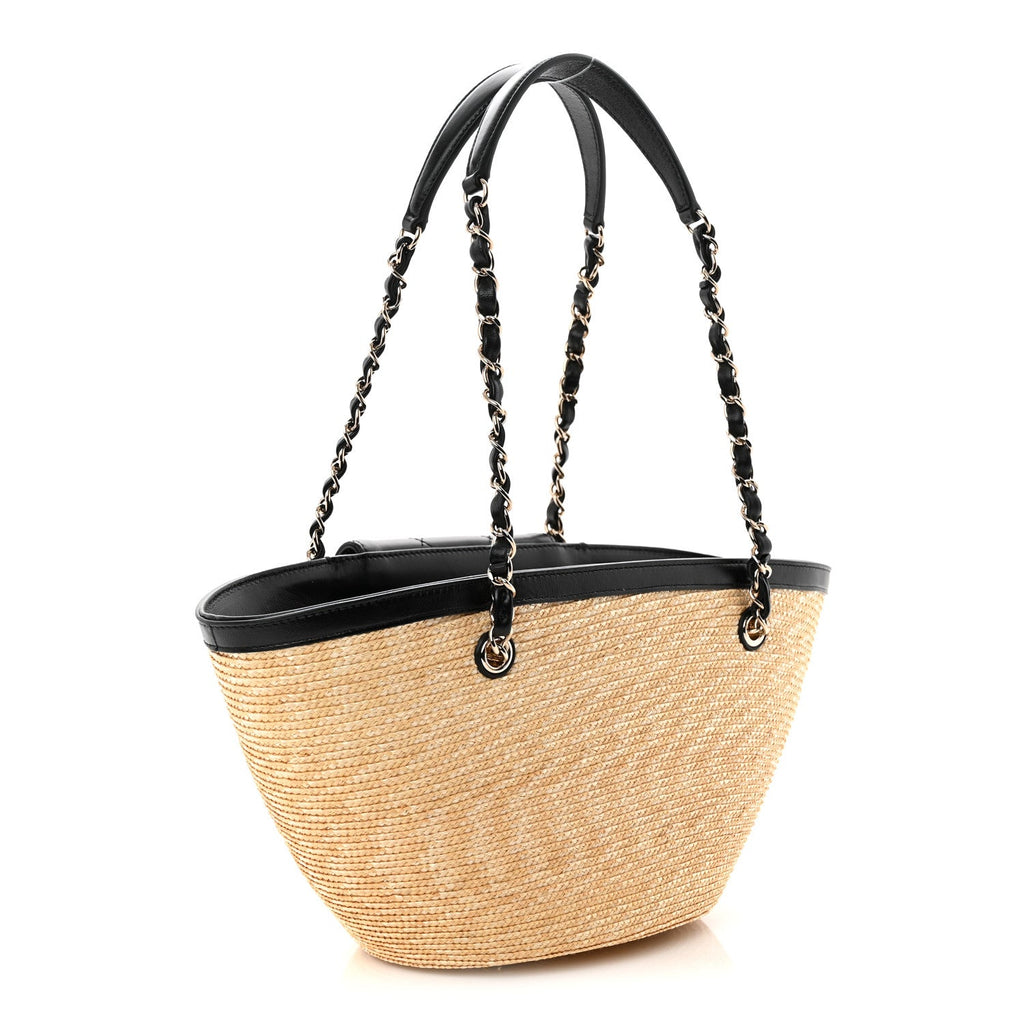 Raffia Braided Lambskin Small Shopping Tote Beige Black Beige Black