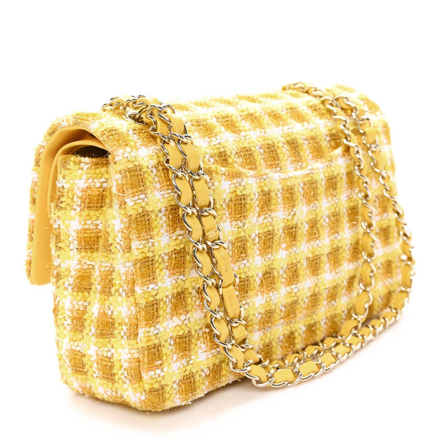 Tweed Quilted Medium Double Flap Yellow White Ochre