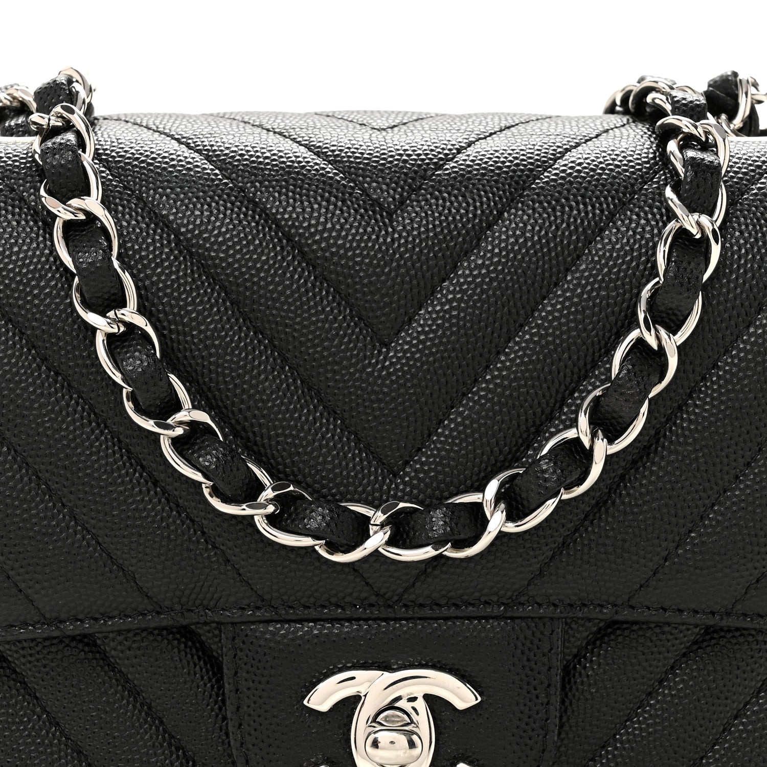 Caviar Chevron Quilted Mini Square Flap Black