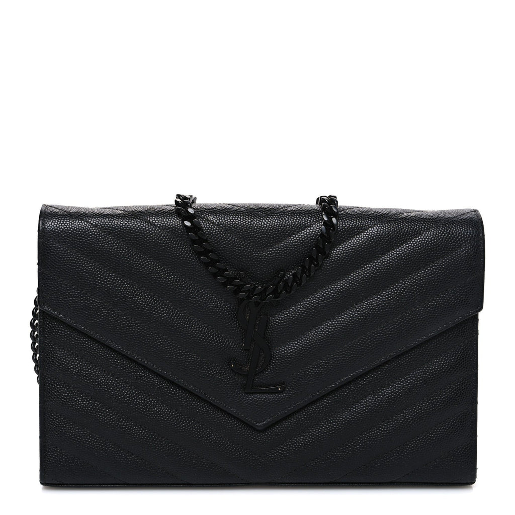 Grain De Poudre Matelasse Chevron Monogram Monochrome Envelope Chain Wallet Black