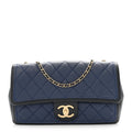 Lambskin Quilted Medium Graphic Flap Navy Black