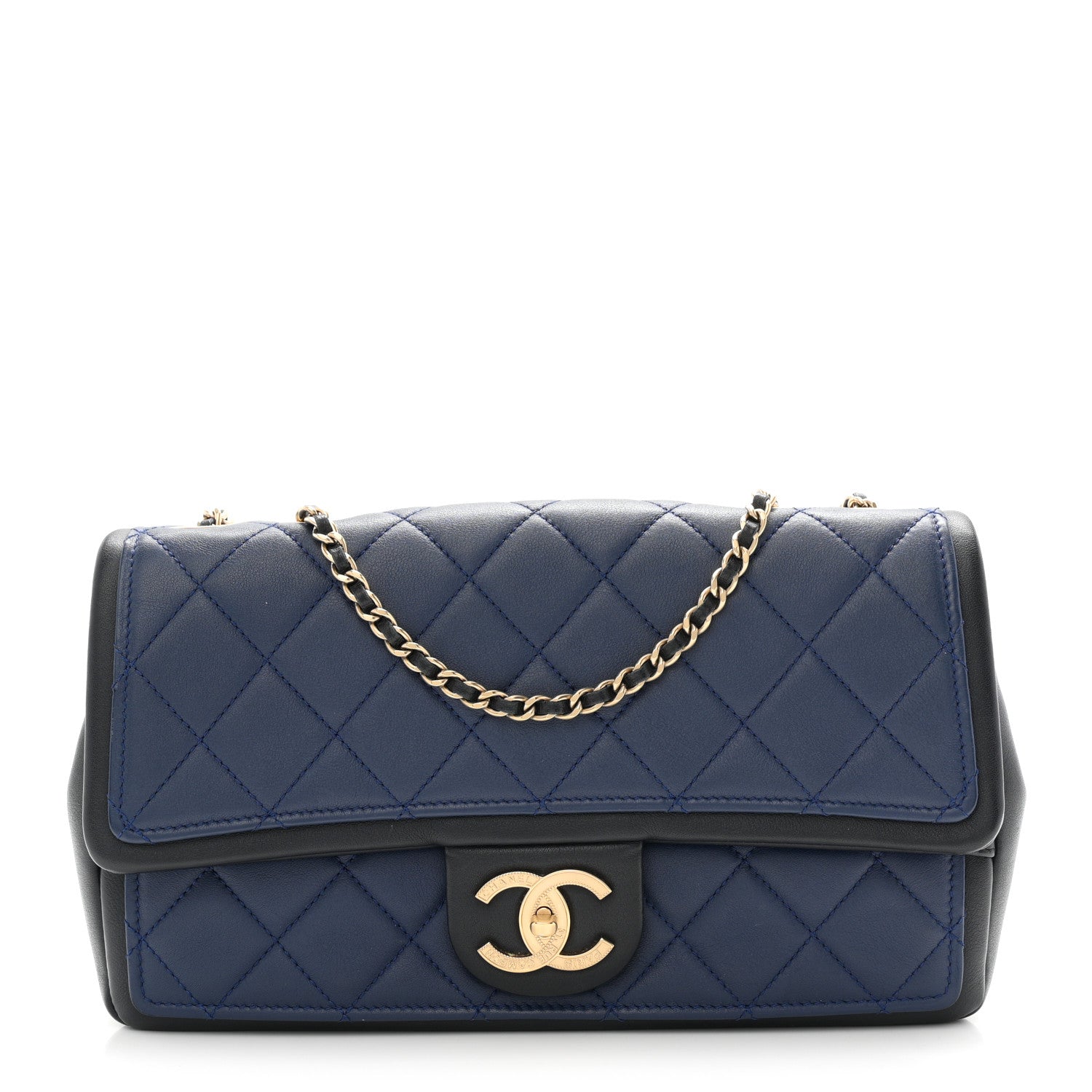Lambskin Quilted Medium Graphic Flap Navy Black