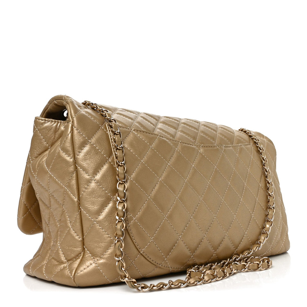 Metallic Calfskin Quilted Small XXL Travel Flap Bag Gold