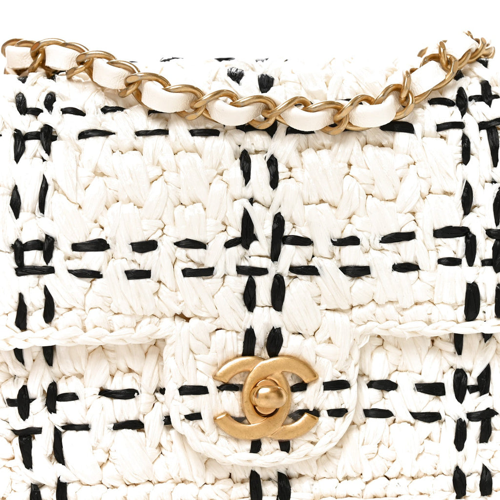 Raffia Effect Tweedy Mini Flap Bag White Black