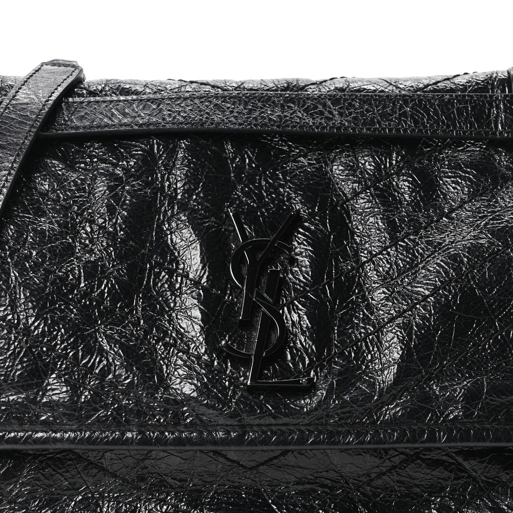 Crinkled Calfskin Matelasse Monogram Medium Niki Chain Satchel Black