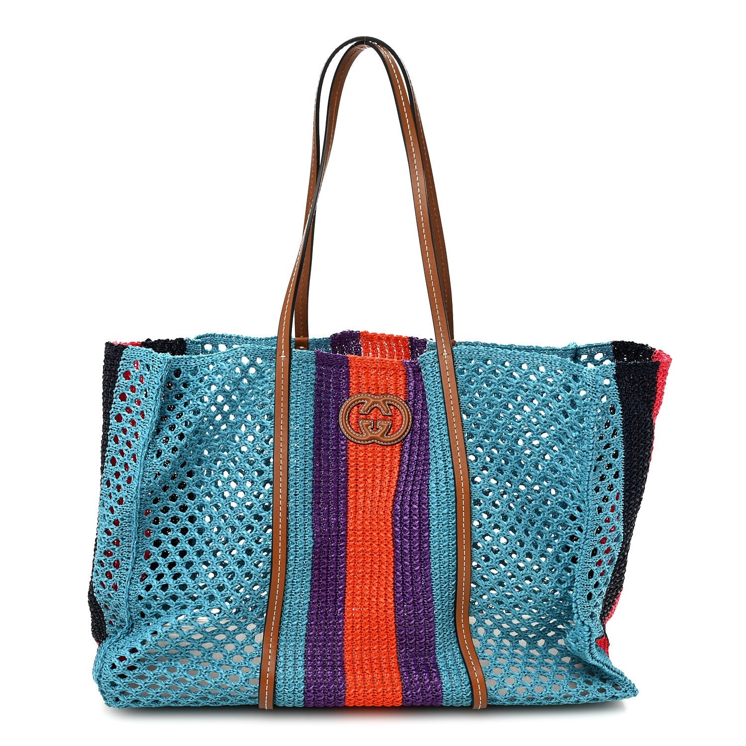 Raffia Web Woven Interlocking G Tote Blue Multicolor