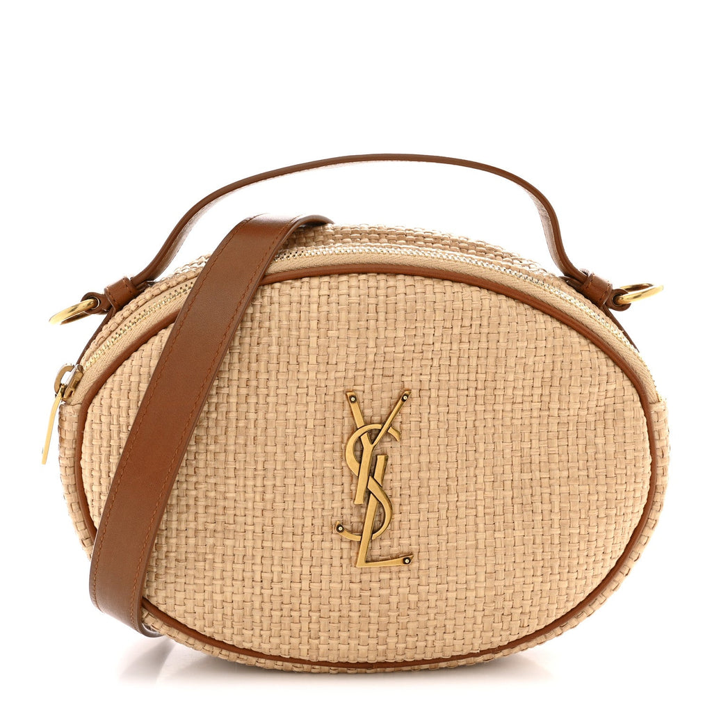 Raffia Calfskin Round Camera Bag Golden Ecru Brick