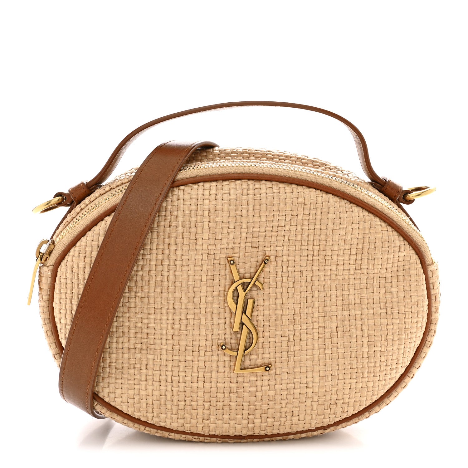 Raffia Calfskin Round Camera Bag Golden Ecru Brick