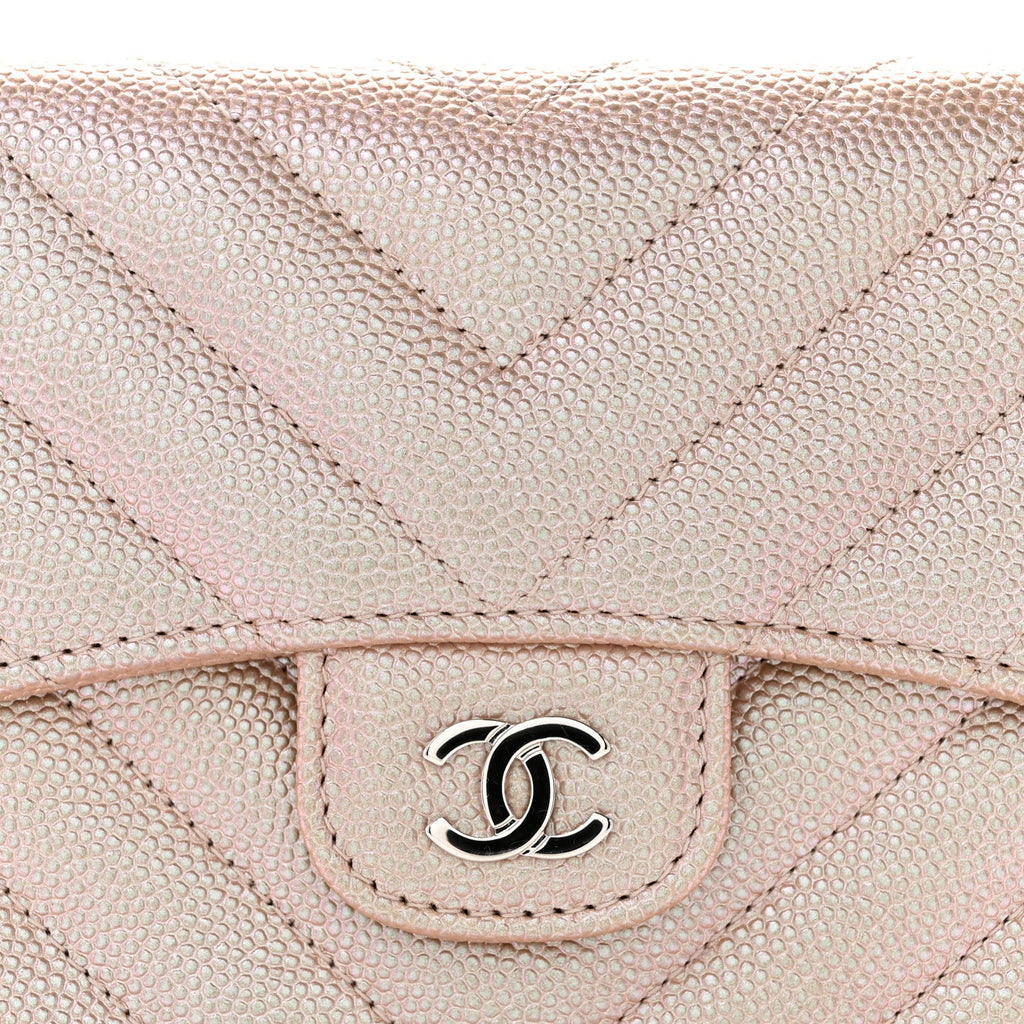 Metallic Caviar Chevron Quilted Compact Flap Wallet Light Gold