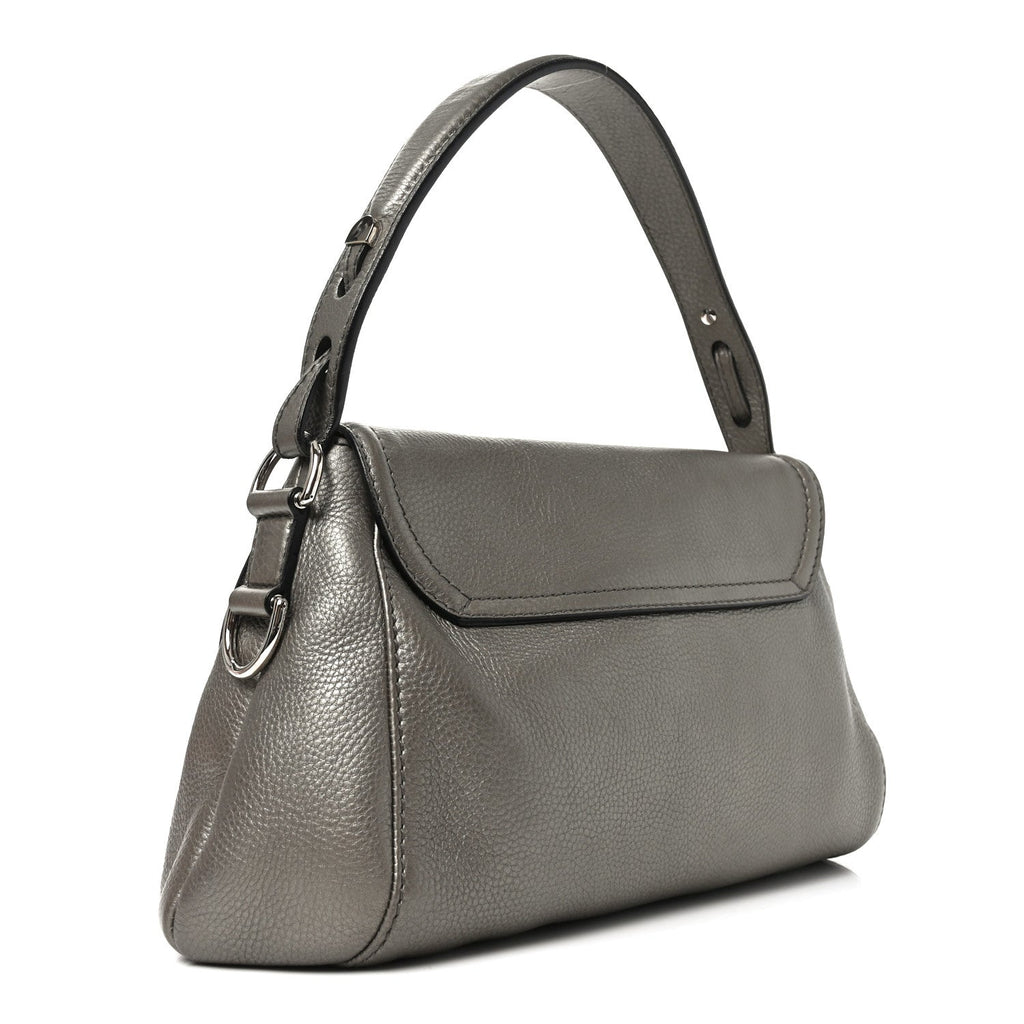 Pebbled Calfskin Medium Techno Horsebit Shoulder Flap Bag Grey