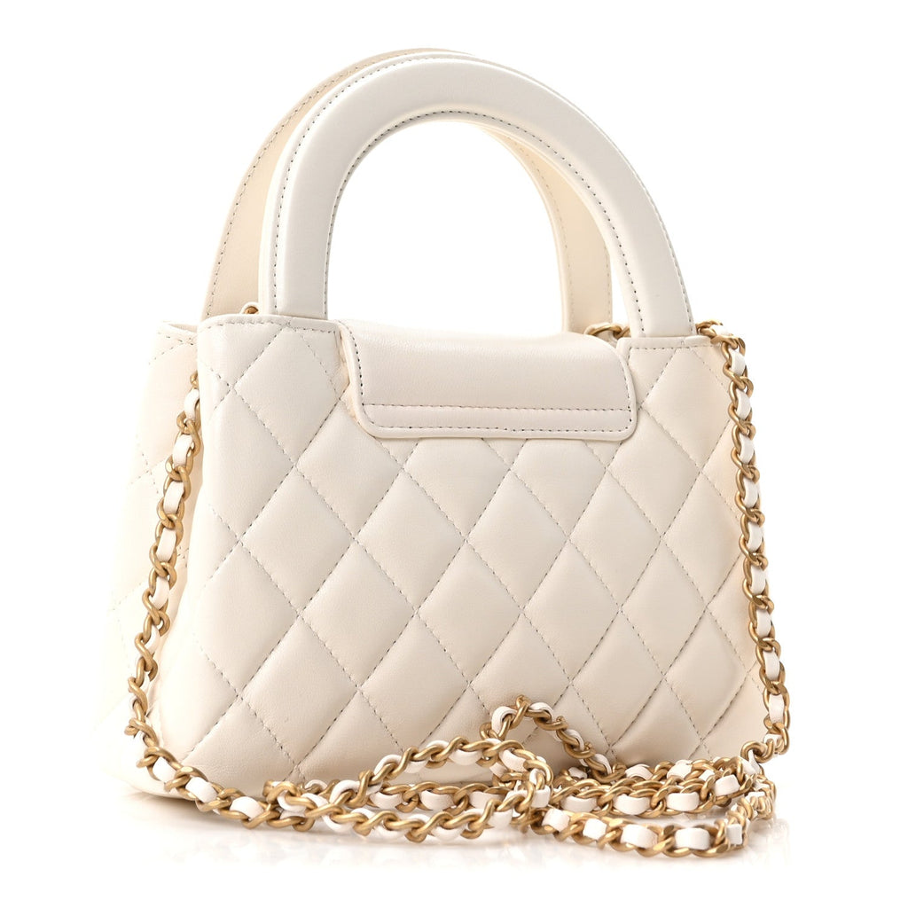 Shiny Aged Calfskin Quilted Nano Kelly Shopper White