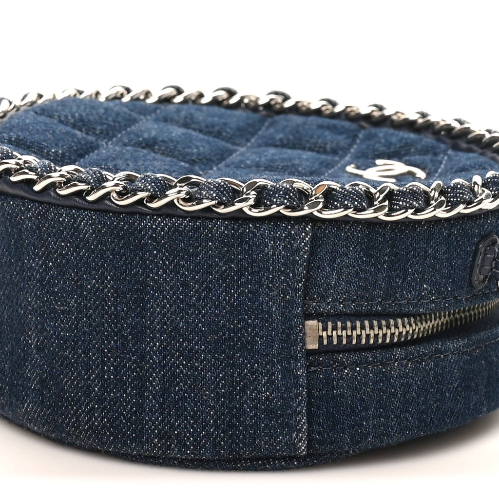 Denim Quilted Round Clutch With Chain Blue