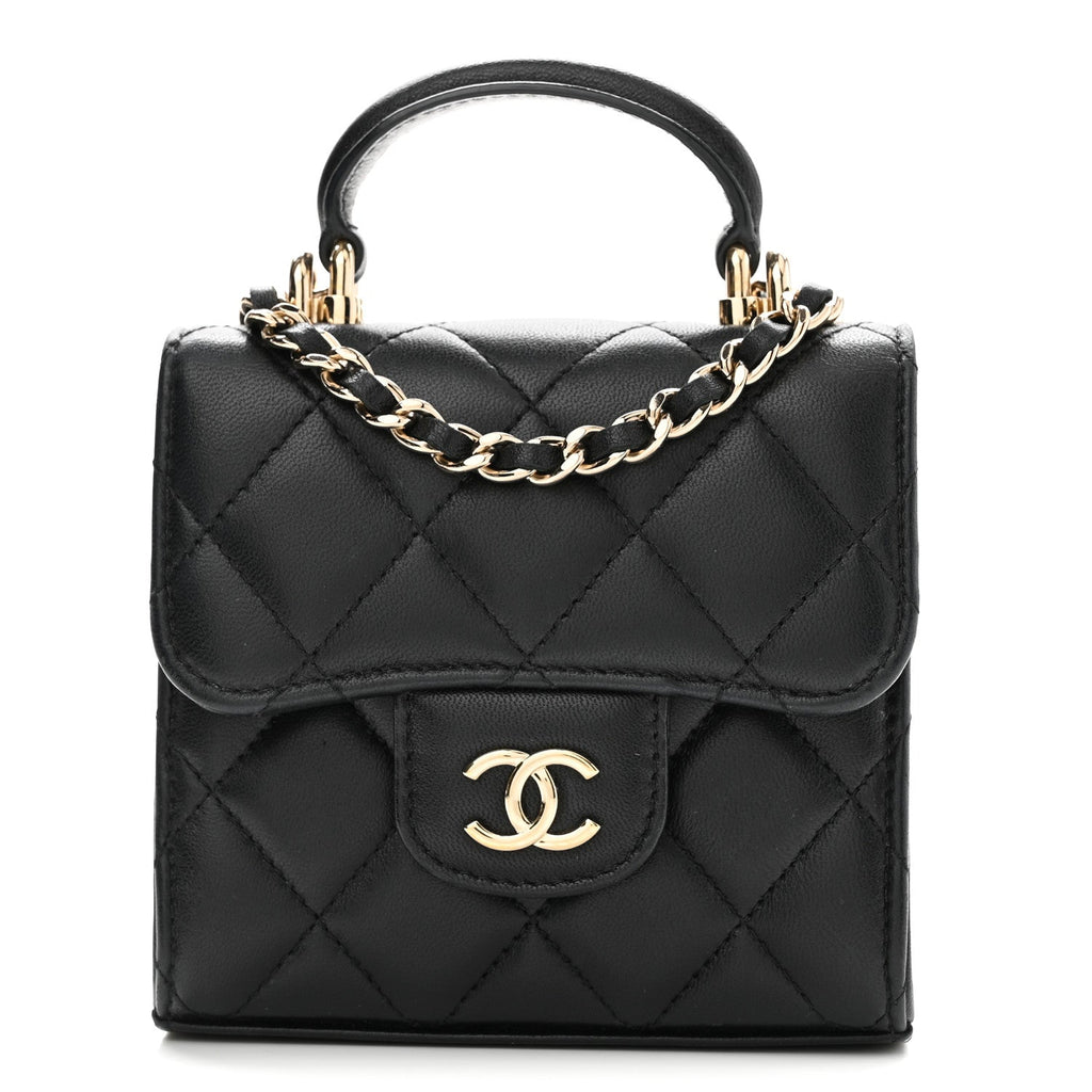 Lambskin Quilted Top Handle Flap Clutch With Chain Black