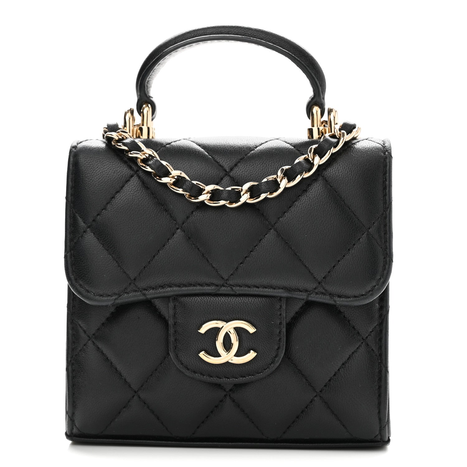 Lambskin Quilted Top Handle Flap Clutch With Chain Black
