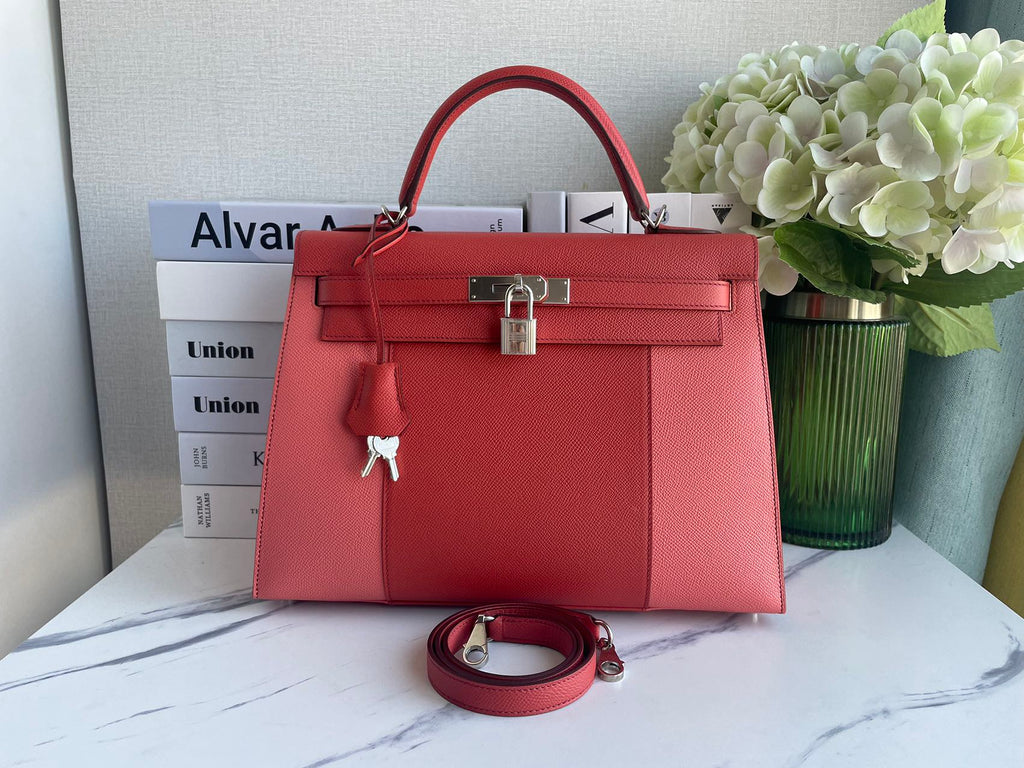 Hermès Kelly 32 Sellier Bi-Color Pink & Coral Epsom (Palladium Hardware)