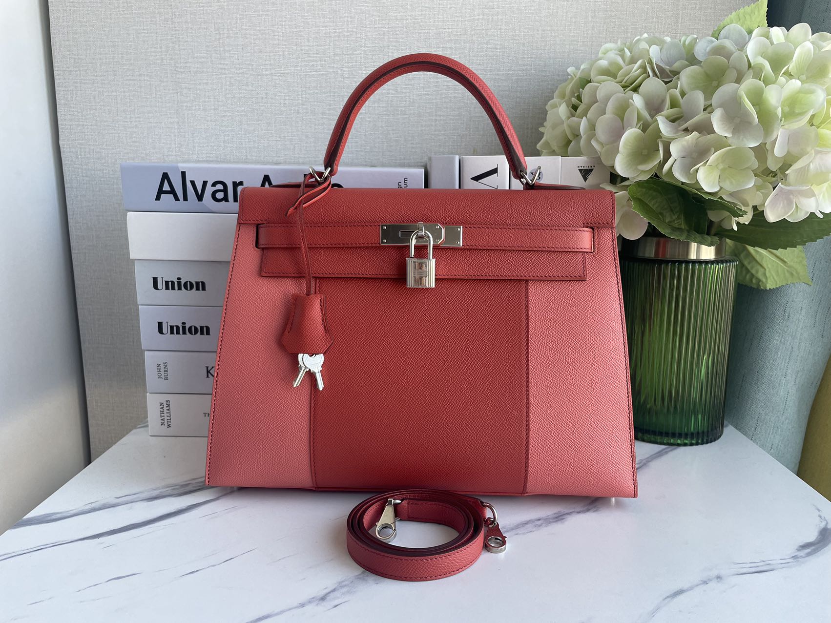 Hermès Kelly 32 Sellier Bi-Color Pink & Coral Epsom (Palladium Hardware)