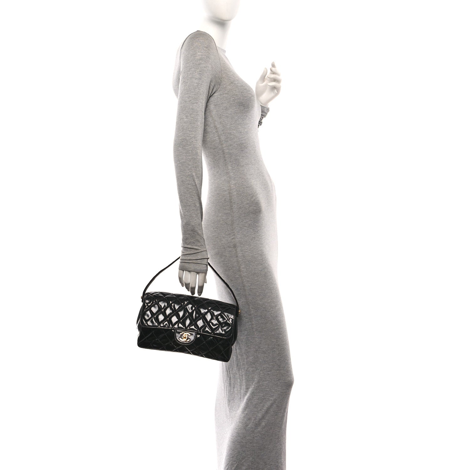 Patent Quilted Double Sided Shoulder Flap Bag Black