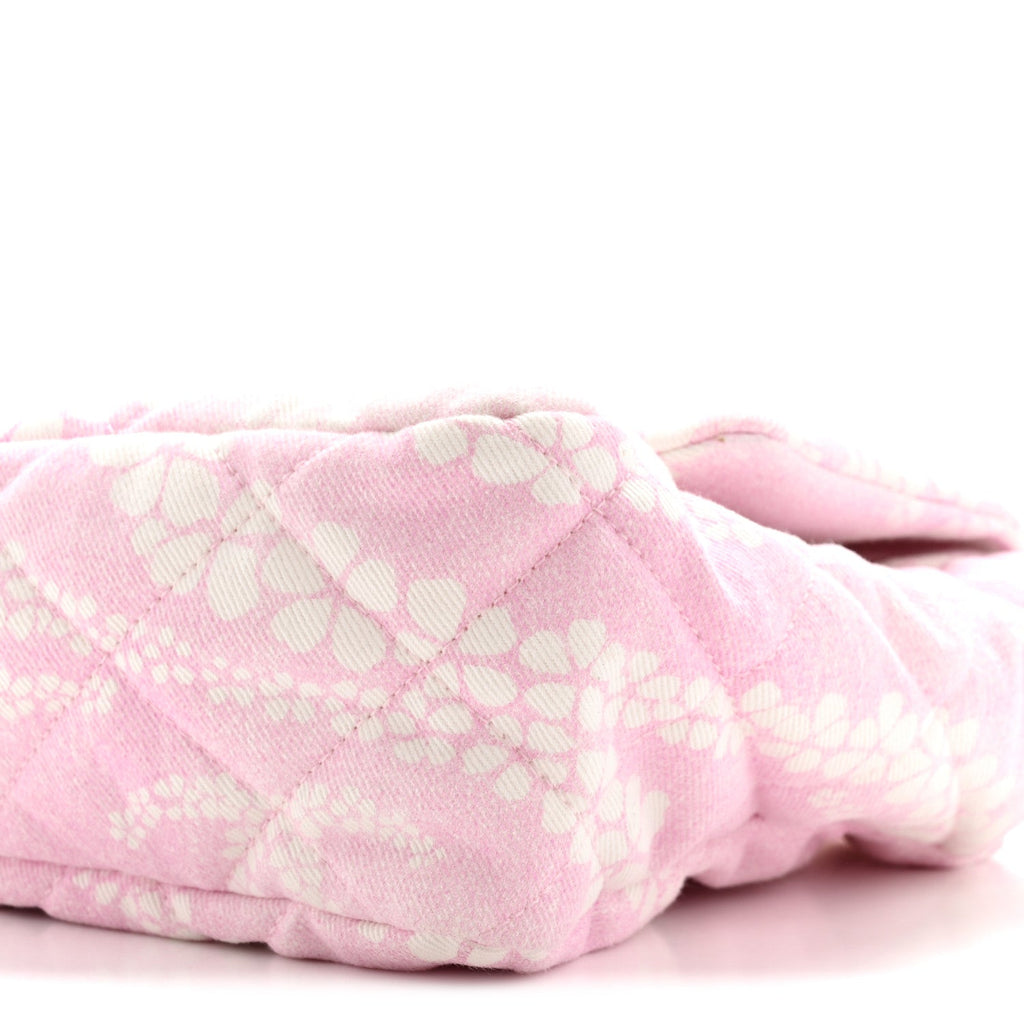 Printed Denim Quilted Medium Single Flap Bag Pink White Pink White