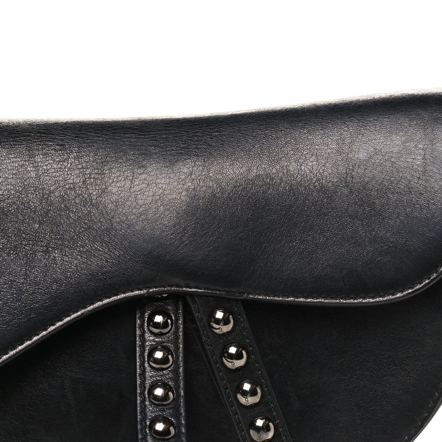 Shiny Crinkled Calfskin Studded Saddle Bag Black