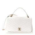 Grained Calfskin Stitched Medium Chevron Chic Top Handle Flap White