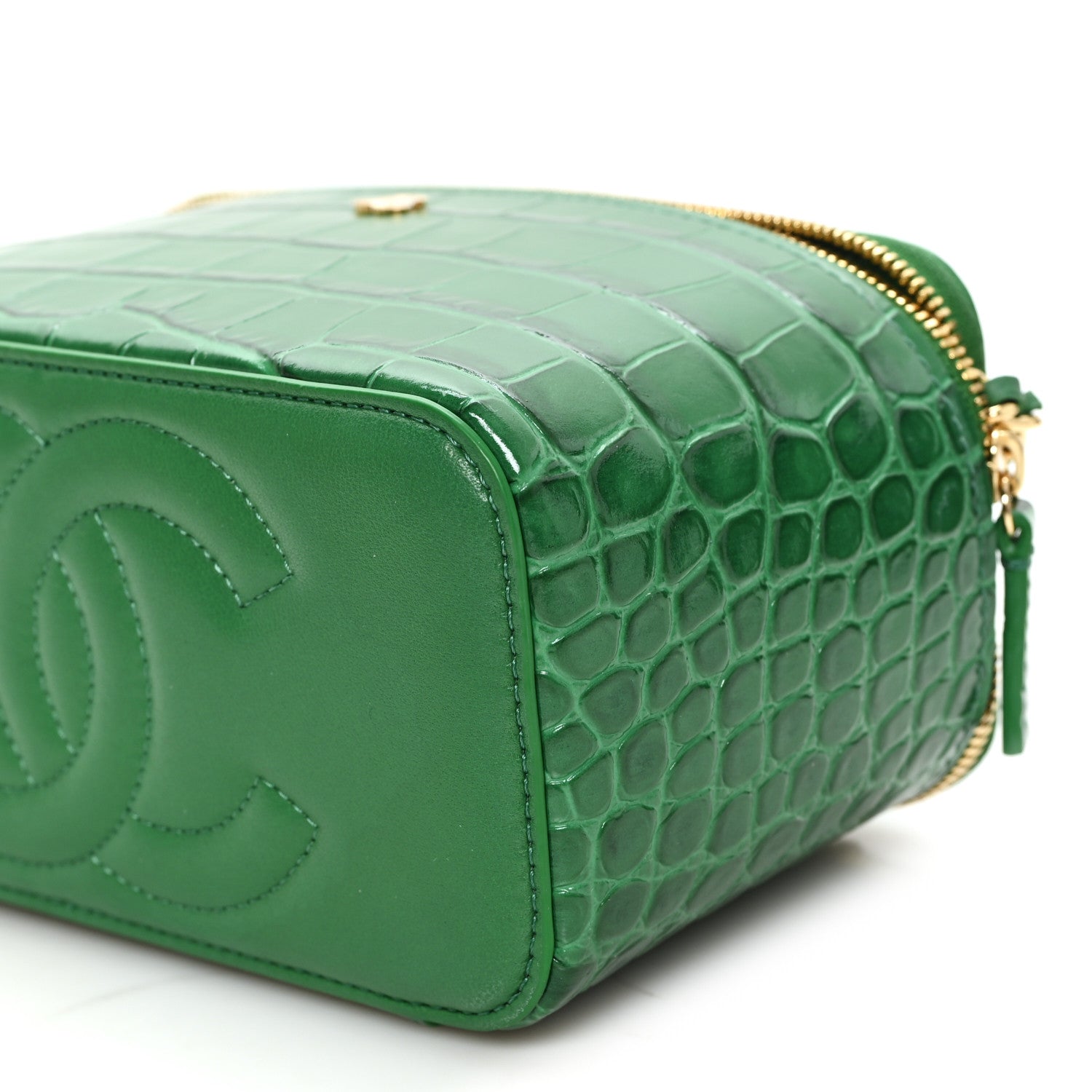 Calfskin Crocodile Embossed Exoticoco Small Top Handle Vanity Case With Chain Black Emerald