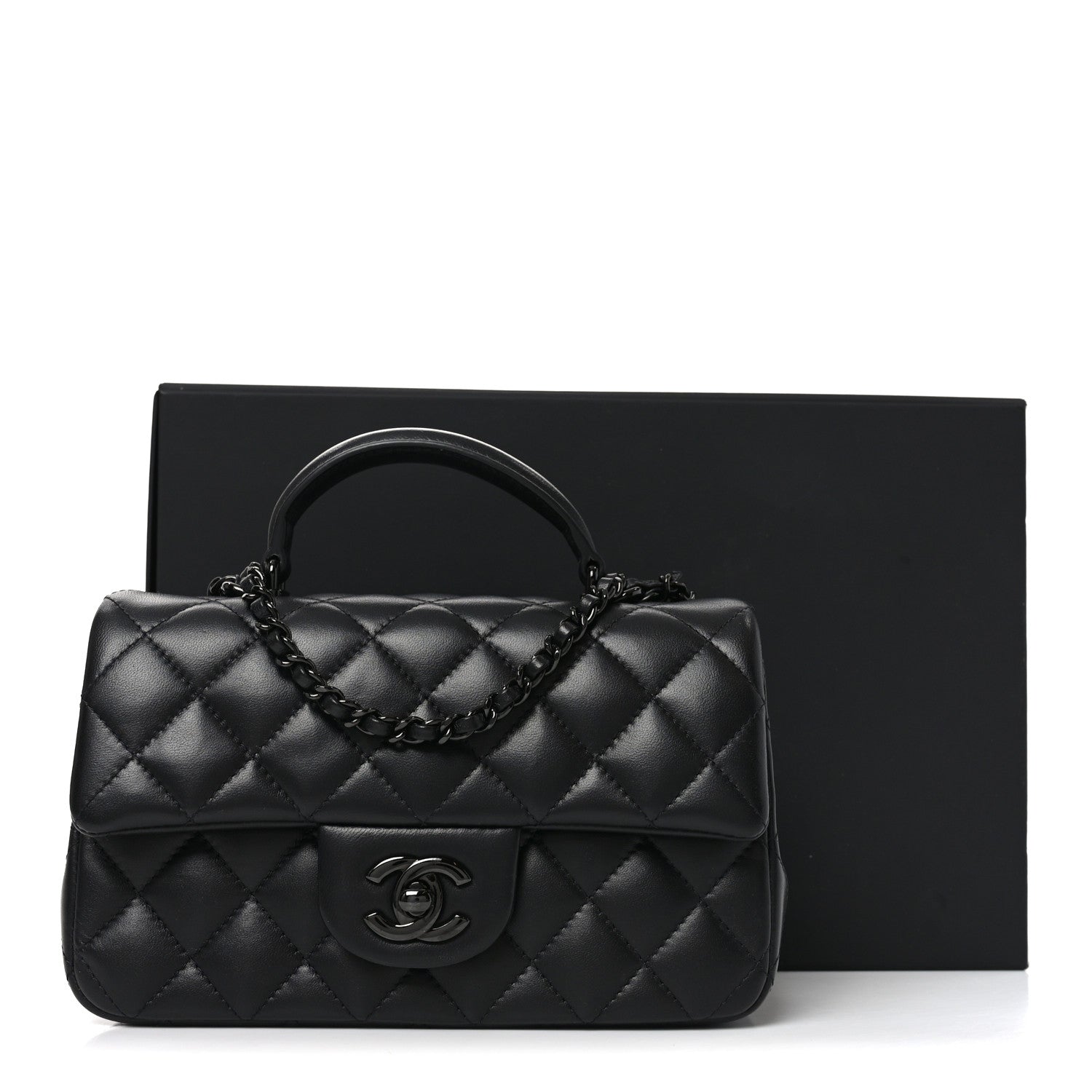 Lambskin Quilted Mini Top Handle Rectangular Flap So Black