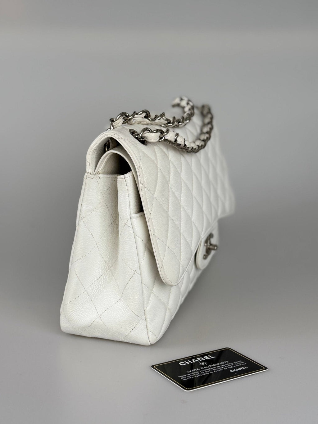 Chanel White Jumbo Classic Double Flap Bag in Caviar Leather with Silver Hardware
