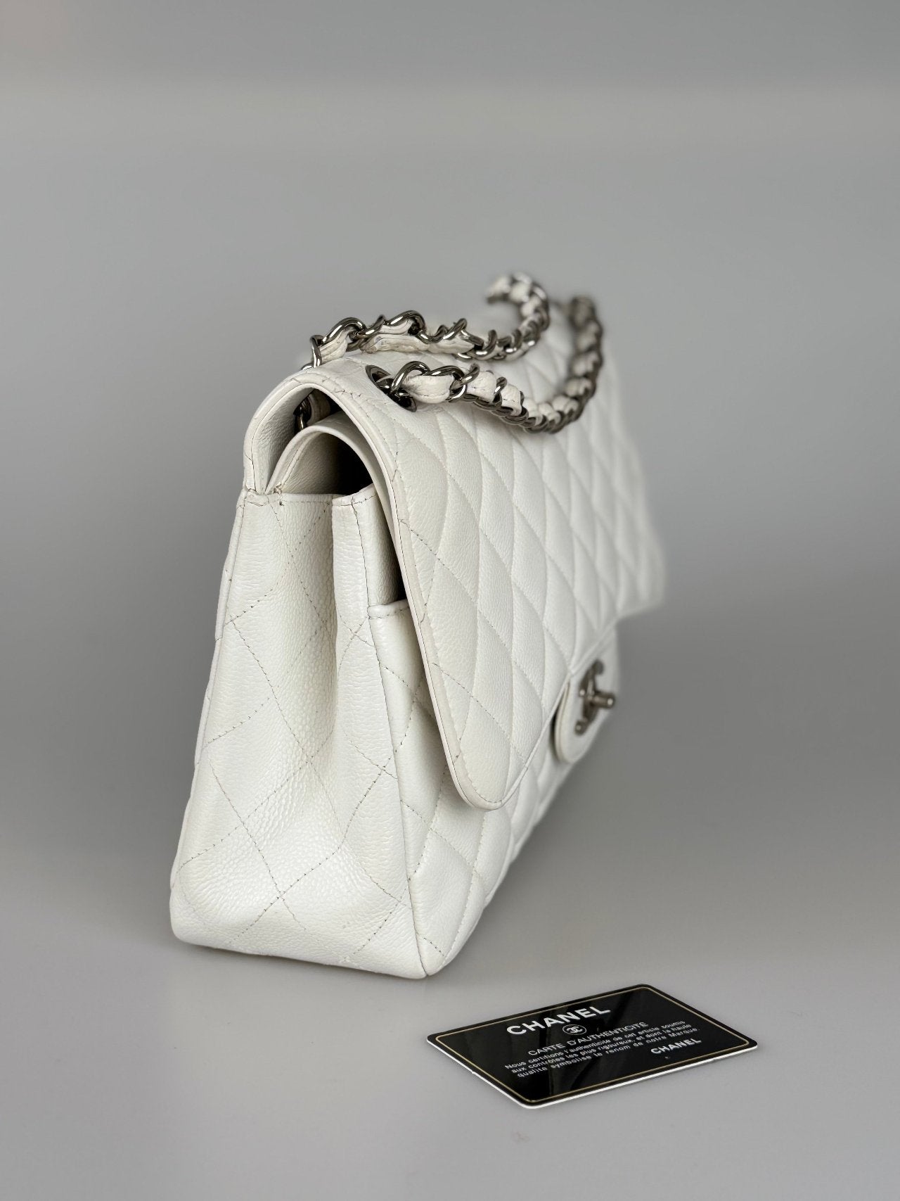 Chanel White Jumbo Classic Double Flap Bag in Caviar Leather with Silver Hardware