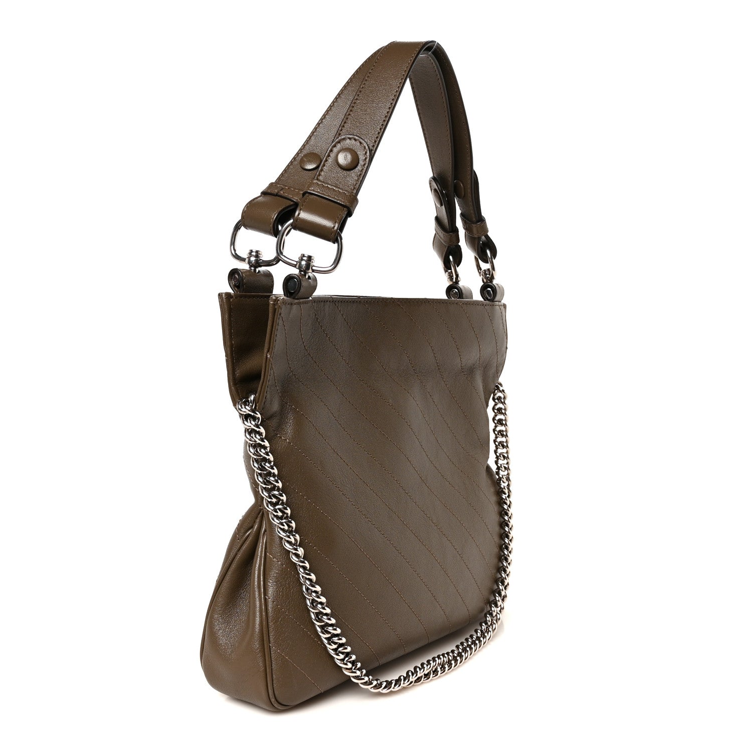 Sakai Be Green Calfskin Diagonal Stitched Small Blondie Tote Craclet Brown