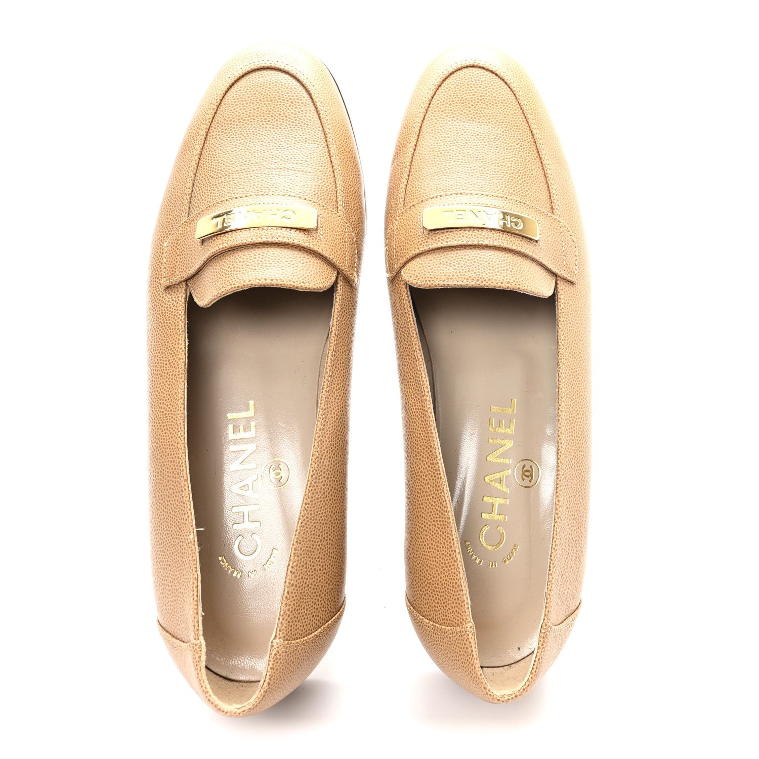 Caviar Logo Plate Moccasin Loafers 38.5 Beige