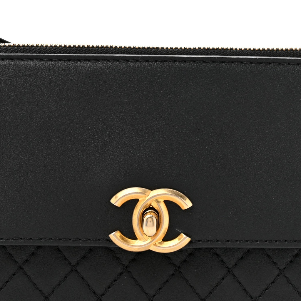 Calfskin Quilted Multi Pouching Flap And Coin Purse Black