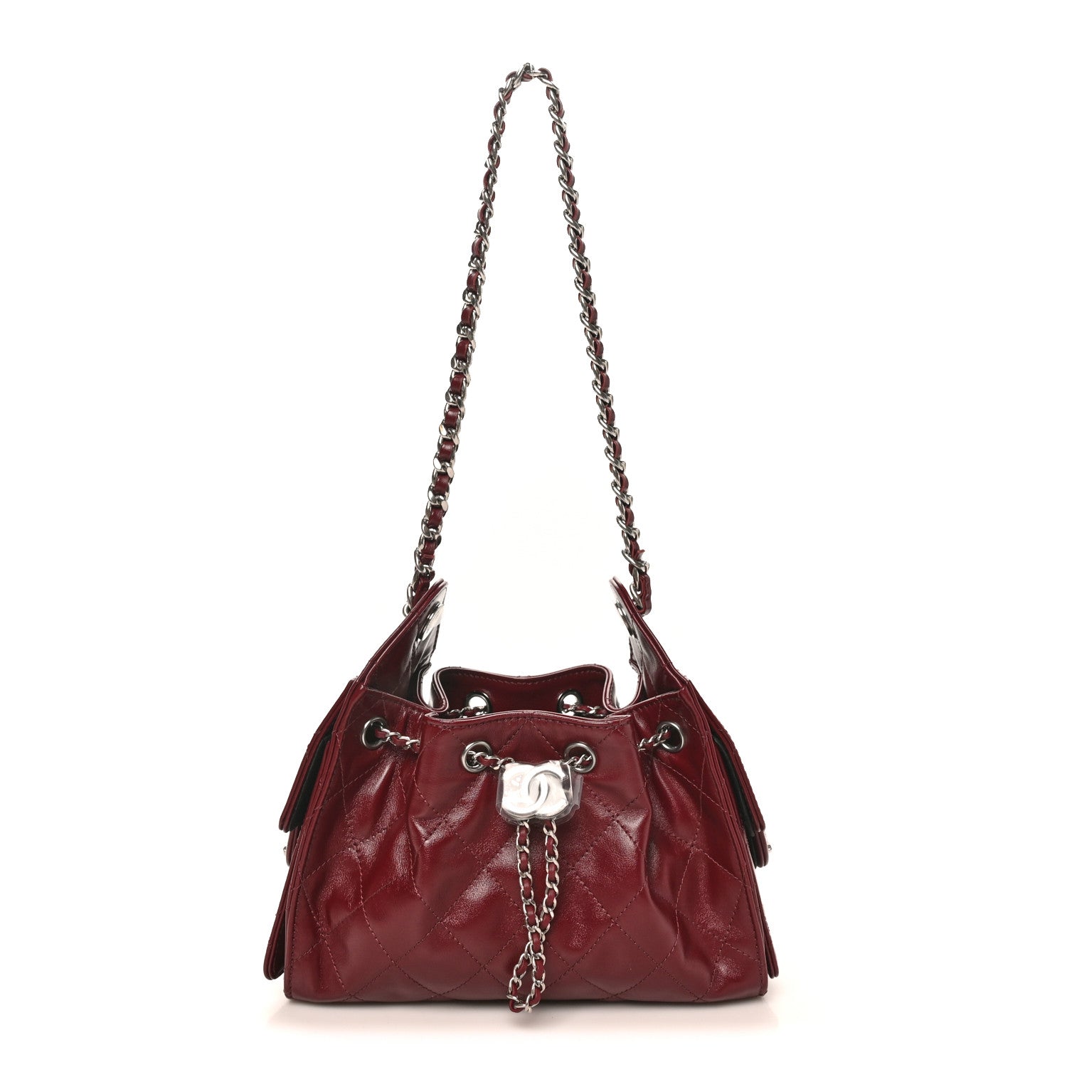 Shiny Crumpled Calfskin Quilted Mini Chanel 25 Handbag Dark Burgundy