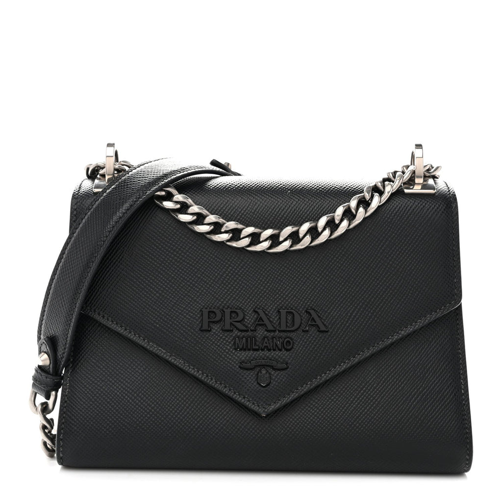 Saffiano Cuir Calfskin Monochrome Envelope Flap Chain Shoulder Bag Black