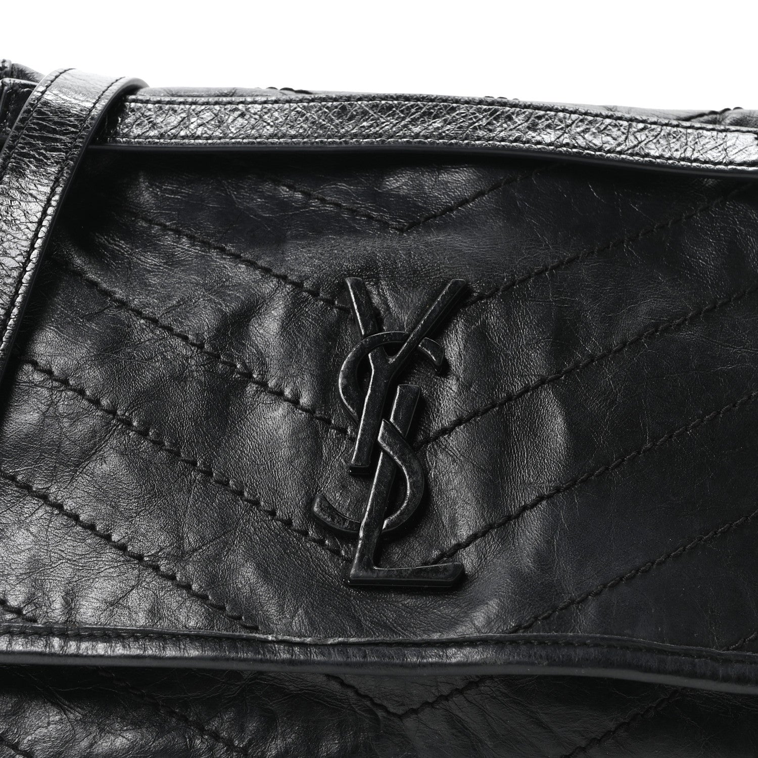 Crinkled Calfskin Matelasse Monogram Medium Niki Chain Satchel Black