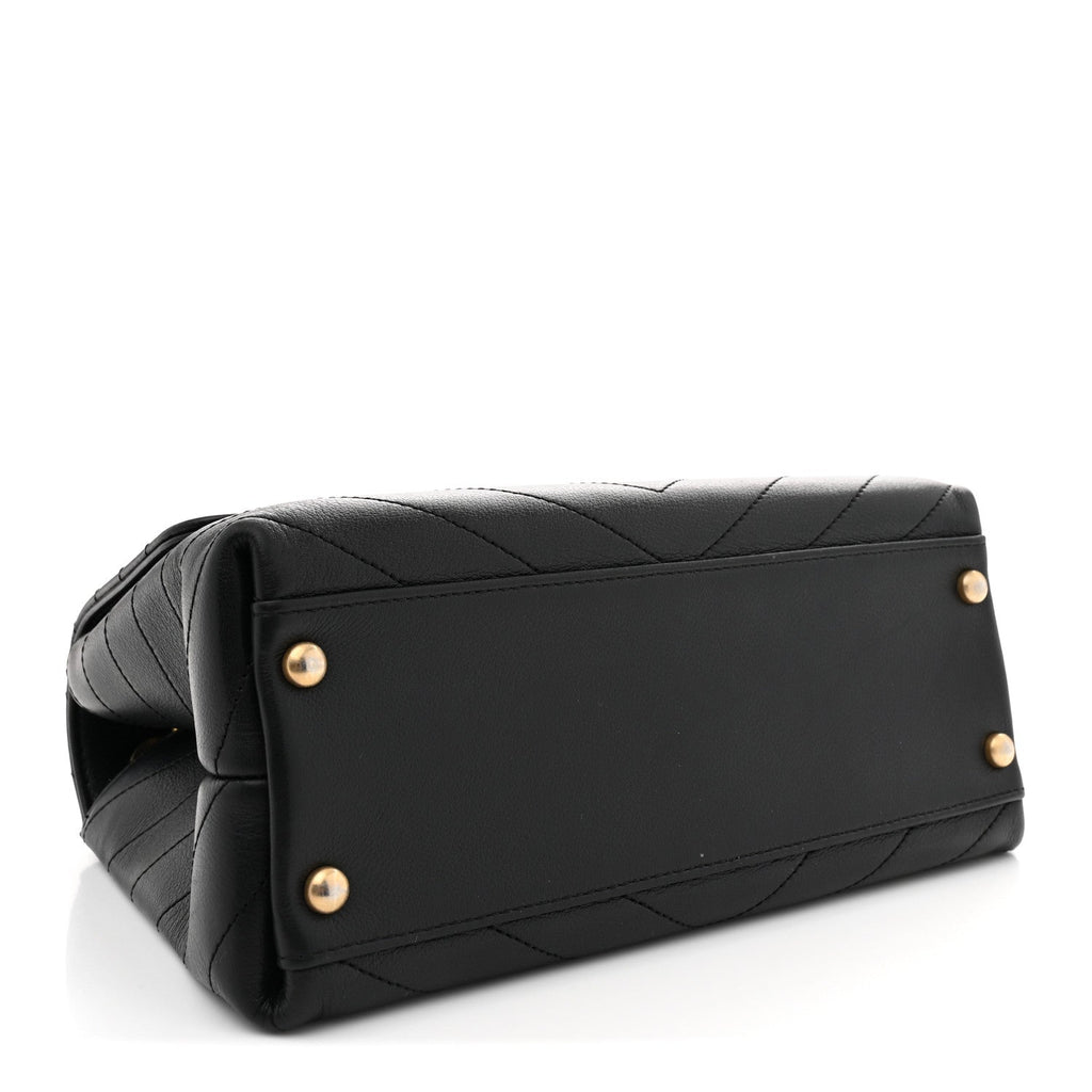 Grained Calfskin Snakeskin Small Chevron Chic Top Handle Flap Black