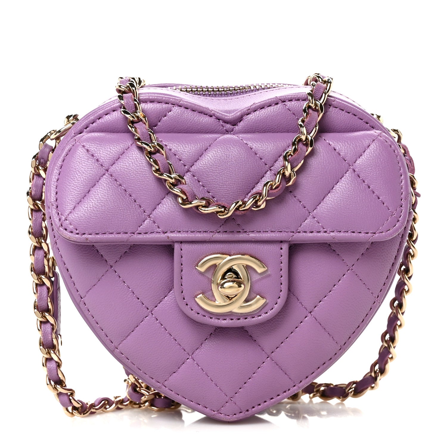 Lambskin Quilted CC In Love Heart Clutch With Chain Purple