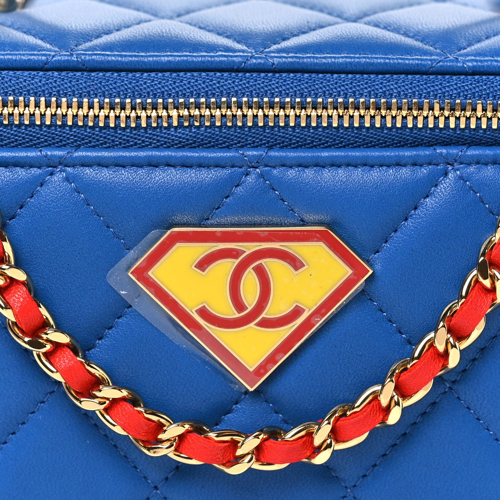 Lambskin Quilted Superman Top Handle Vanity  Blue Red Yellow