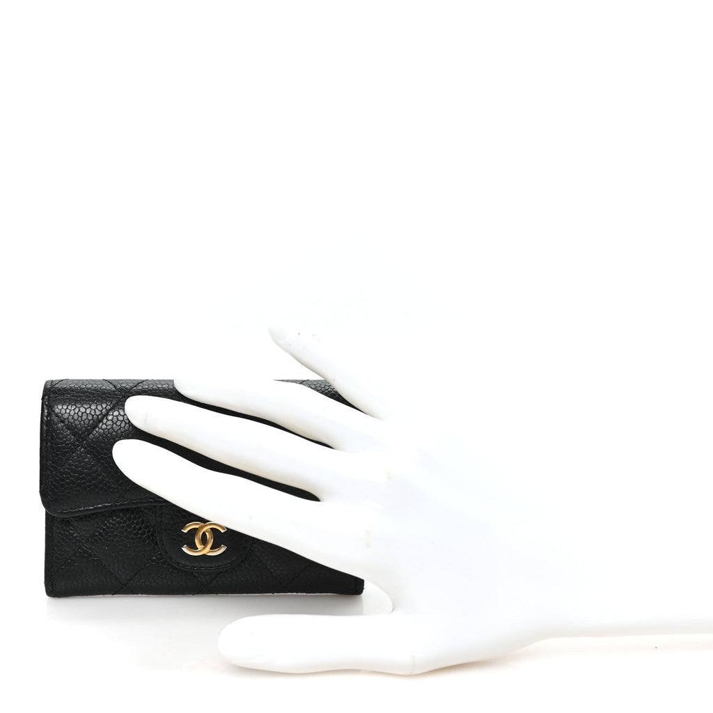 Caviar Quilted Flap Card Holder Wallet Black